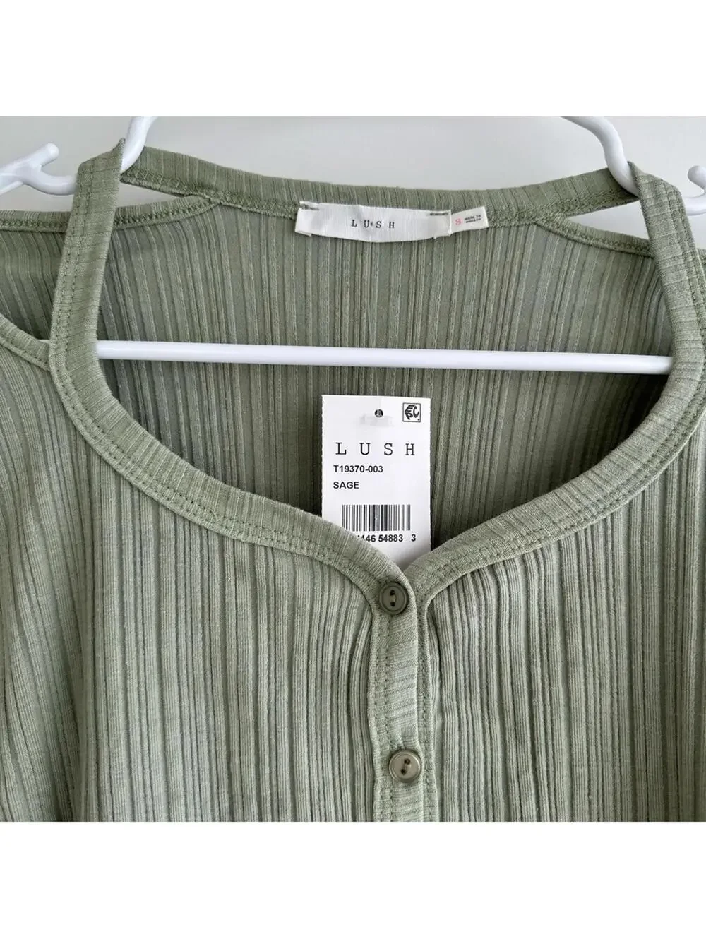 Lush Cotton Long Sleeve Scoop Neck Cotton Button Cut Out Rib Top SAGE Small